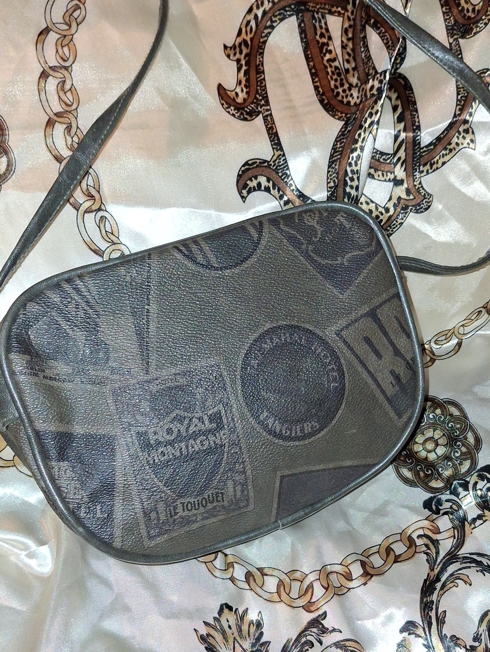 Y2K Bonjour Brand/Travel Stamp Pattern/ Crossbody Bag in Dark Olive Green